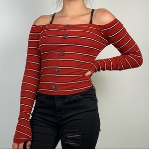 Trendy Off-the-Shoulder Ribbed Knit Striped Top